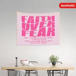 Chic Blush Pink Peach 'Faith Over Fear' Print Tapestry - Mat-Like Photo Cloth Home Decor, Living Room Wall Art, Includes Free Installation Kit
