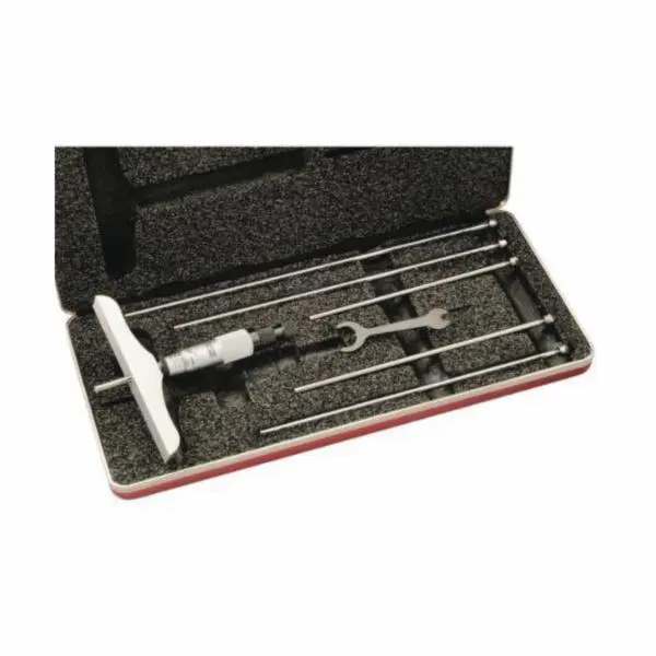 Starrett Mechanical Depth Micrometer Measuring Instrument - 0-6 in Range, 4 in Base, Satin Chrome, Flat Anvil Type, Combination Ratchet, Glare-Free, +/-0.0001 in Accuracy, Uniform Pressure Function