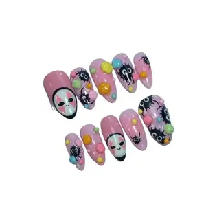 Spirited Away Inspired Press On Nails | Pink No Face & Soot Sprite Nail Art | 3D Candy Drops | Kawaii Handmade Anime Nail Set