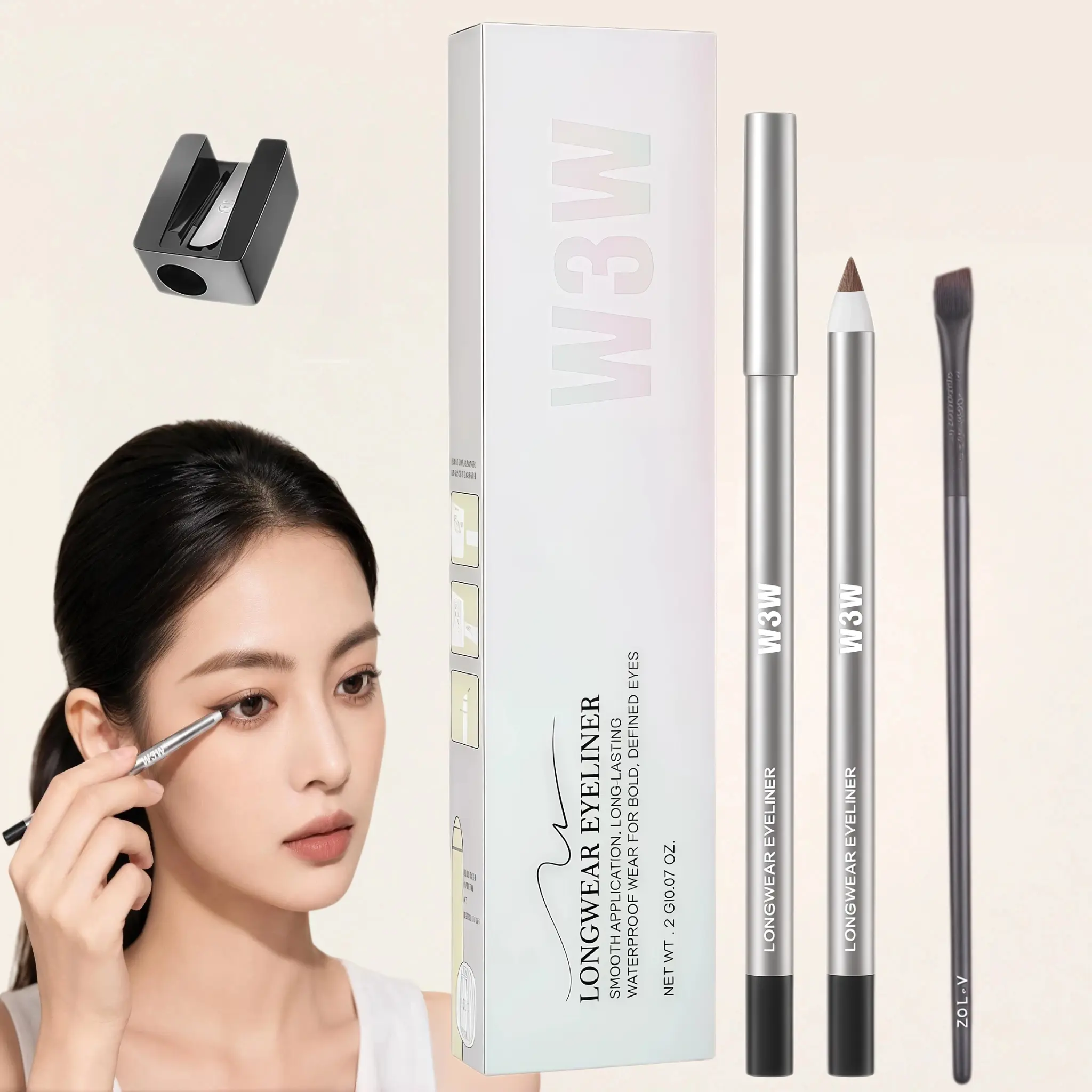 Ultra Smooth Buttery Glide Cream Gel Eyeliner Pencil (w3w) with Angled Blade Brush, Smudge-Proof, Transfer-Resistant, Waterproof, Gentle Long-Lasting Eye Makeup Stick, Precision Wing Liner for Inner/Outer Lash Line, All Skin Freckle Lipliner