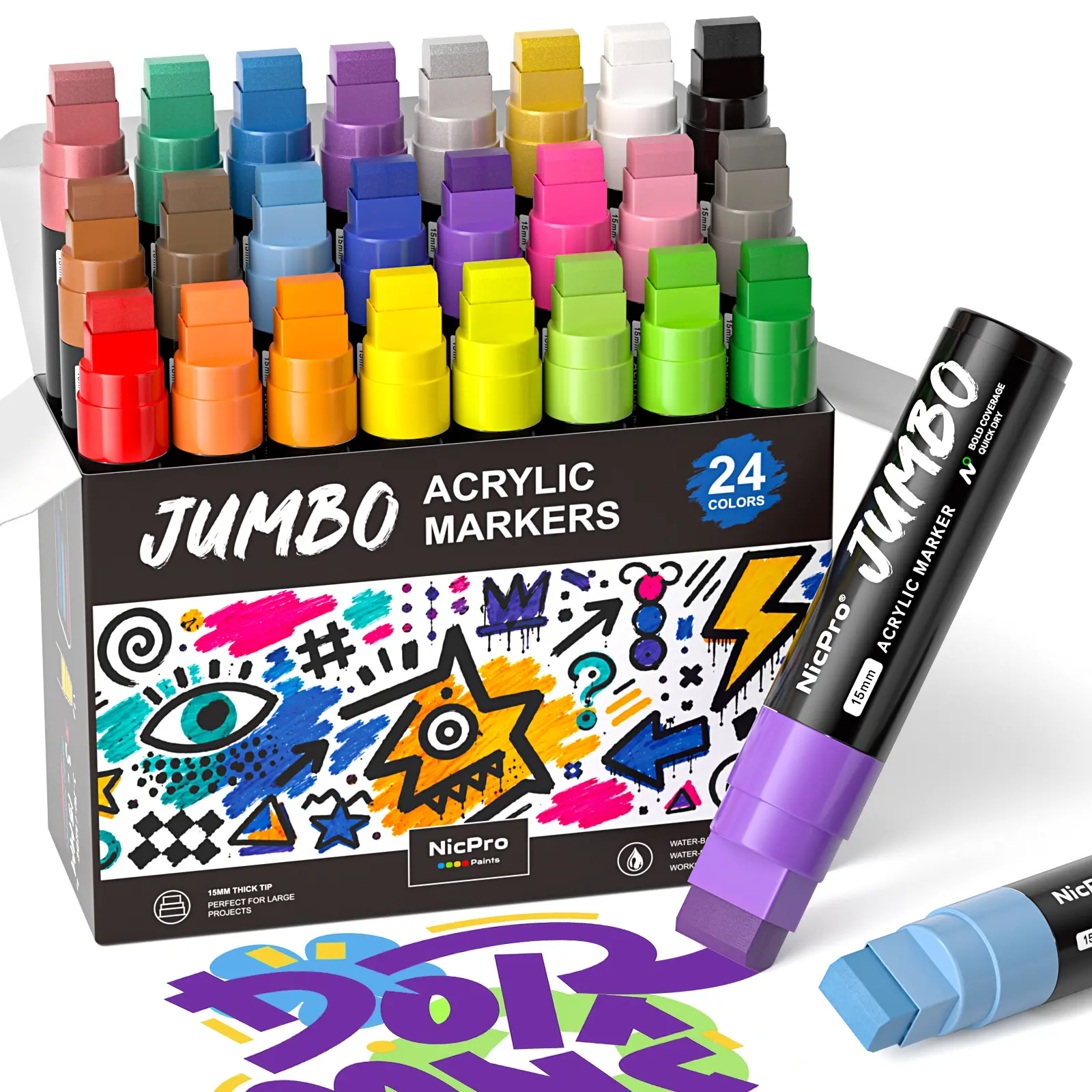 Nicpro Jumbo Poster Markers, 15MM Wide Tip Paint Marker, Large Acrylic Paint Markers for Canvas, Rock, Sign Lettering, Fabric, Window, Wood