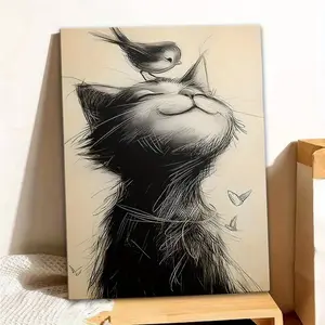 1 Piece Framed Cat and Bird Canvas Wall Art - Black and White Minimalist Beige Wooden Frame, Large Tabby Cat (Equivalent to 30.48cm x 40.64cm or 40.64cm x 60.96cm ) - Modern Home Decoration, Gift for Cat Lovers, Bird and Cat Themed Print