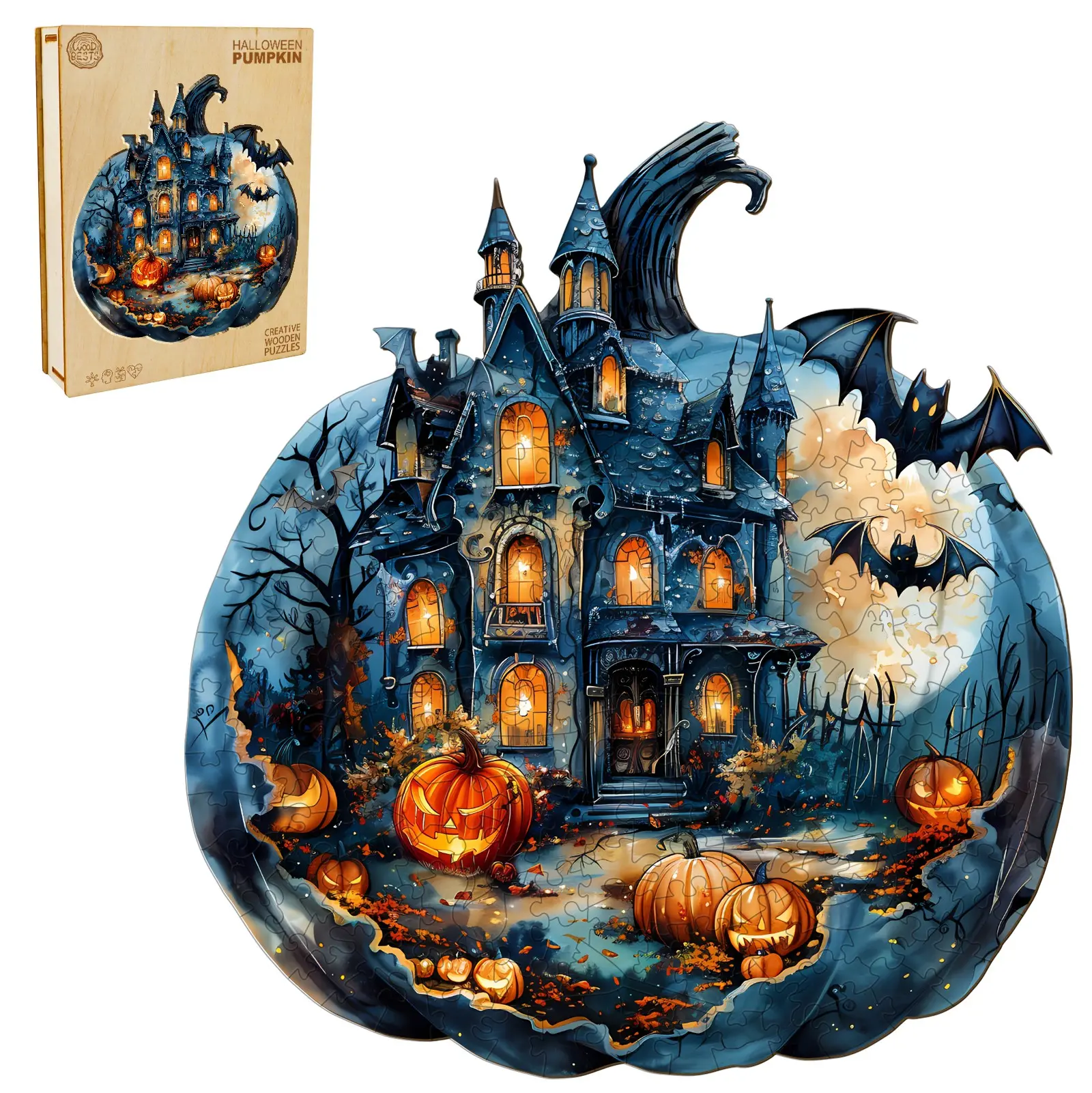 Halloween Pumpkin Wooden Jigsaw Puzzle, Ideal for Puzzle Enthusiasts,Wooden Jigsaw Puzzle for Adults and Kids Unique Shape Animal Challenging Puzzle, Family Game Creative Gifts，Laser-Cut Durable HDF Carving Mystical Festive Seasonal