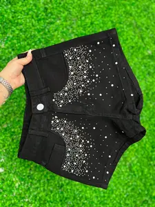 Fashionable Women's Fitted Denim Shorts with Elastic Stretch Comfort, Elegant Rhinestone Button Design for Spring Summer, Chic Ladies' Casual Wear