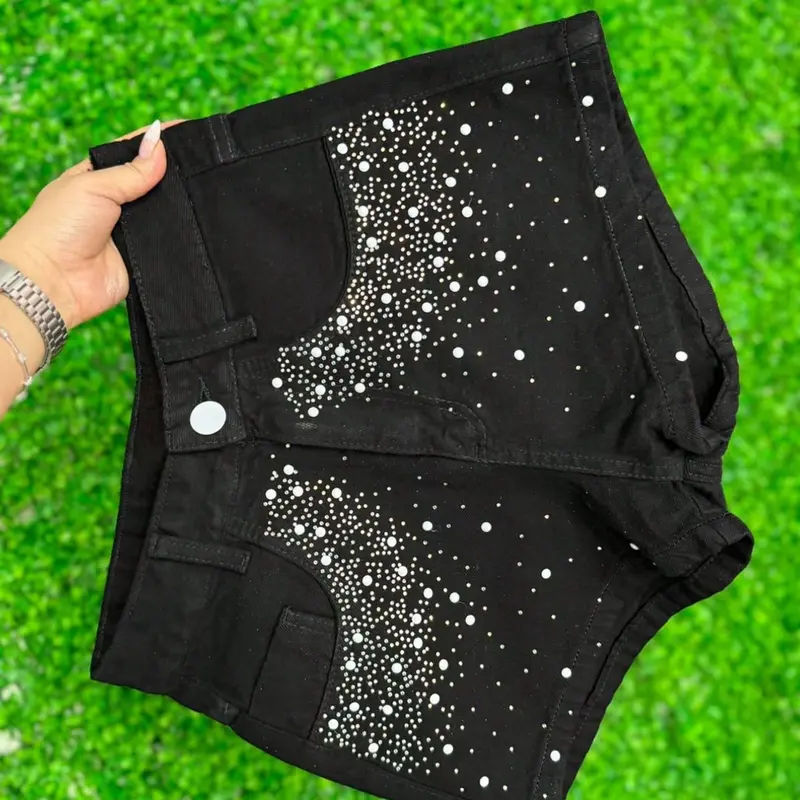 Fashionable Women's Fitted Denim Shorts with Elastic Stretch Comfort, Elegant Rhinestone Button Design for Spring Summer, Chic Ladies' Casual Wear, Casual Jean Shorts, Casual Comfy Shorts, Casual Street Shorts, Daily Casual Shorts, Aesthetic