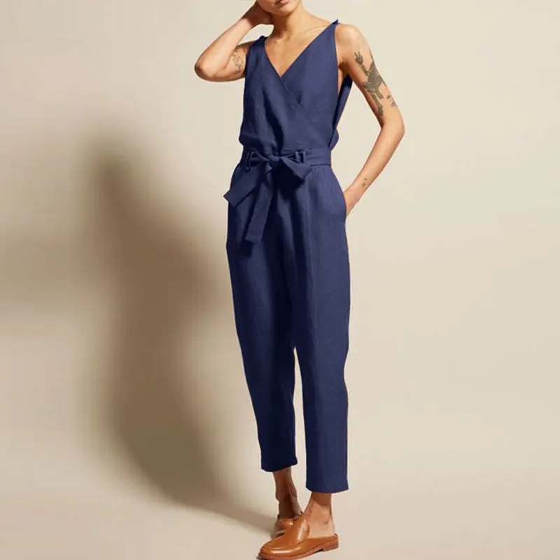 Women Jumpsuits Homewear Large Size Cotton Solid Female Sleeveless Romper Loungewear V-neck Sashes Vintage Summer Simple Casual
