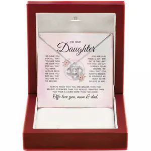 Inspirational Necklace for Daughter - 14k Gold Love Knot Pendant with Message from Mom and Dad for Special Days like Graduation or Wedding