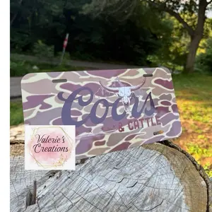 Valerie's Creations Coors & Cattle Camo Custom License Plate with Unique Design and Branding