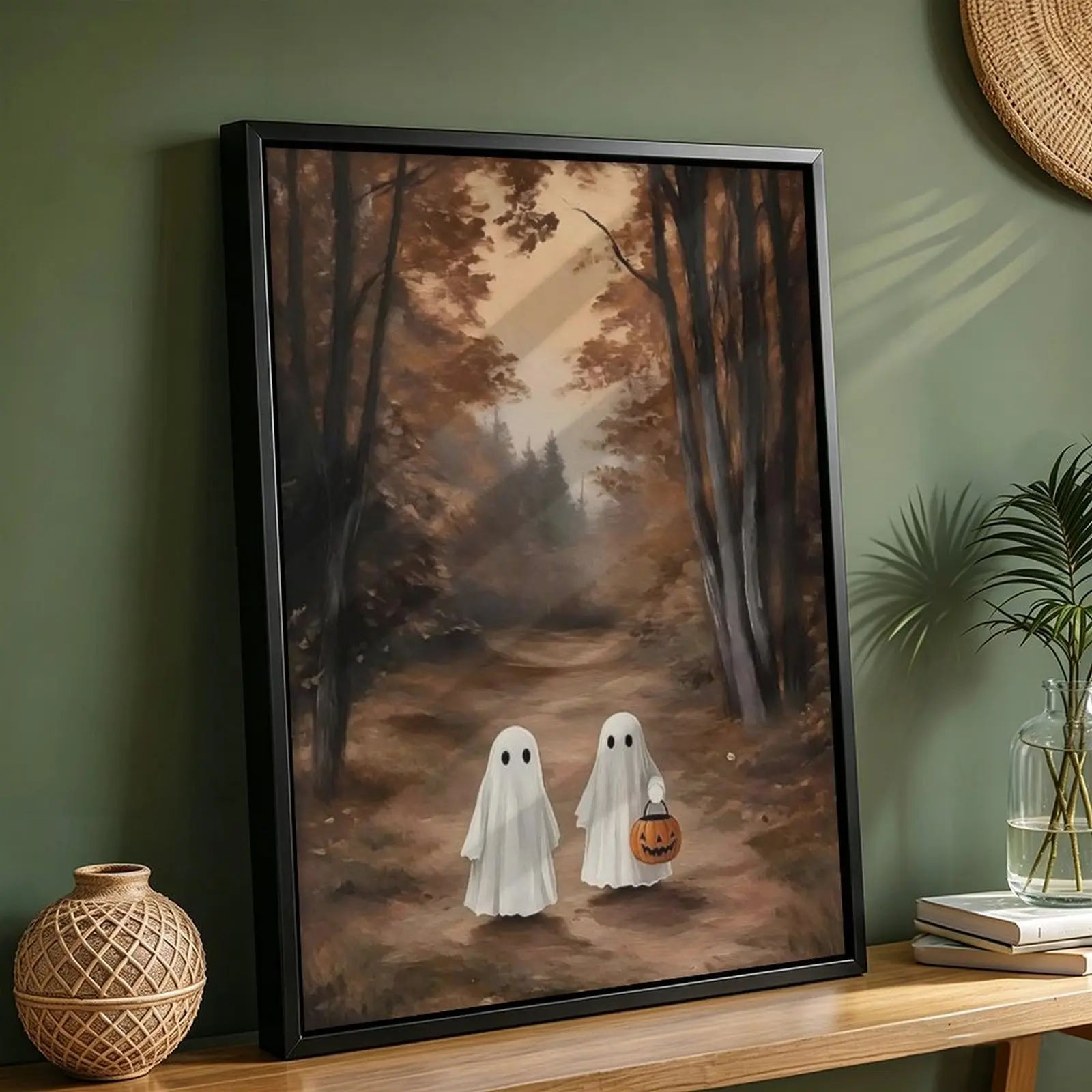 Cute Ghost Forest Landscape Canvas Printing Wall Art Autumn Oil Painting Prints Gothic Dark Academia Aesthetic Wall Decor posters fall decor 2026 cozy bedroom living room entryway farmhouse seasonal home gallery style unique gift idea
