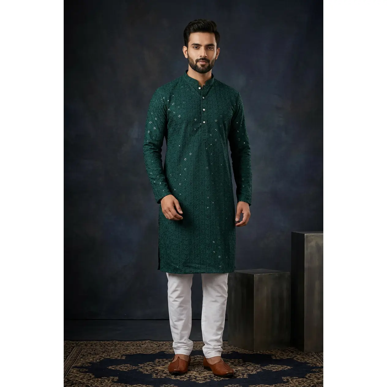 Men's Green Heritage Lakhnavi Kurta - Luxurious Handcrafted Islamic Koko Top with Resham, Sequin Embroidery, Elegant Detailing, Classic Casual All Seasons Fit for Weddings, Festivals (Size Guide Referral, Large (40), Multi-Size)