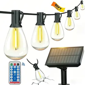 Solar Outdoor String Lights 50FT with Remote Control, Waterproof Patio Lights with 15+2 LED Shatterproof Bulbs