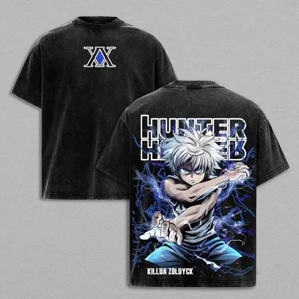2026 New Hunter x Hunter Killua Zoldyck Anime Oversized T-Shirt, Washed Black Distressed Double Sided Graphic Tee, Harajuku Streetwear Y2K Top, Soft Cotton Casual Short Sleeve, Godspeed Lightning Print Summer Outfit, Perfect Gift for HxH Anime Lovers, Men