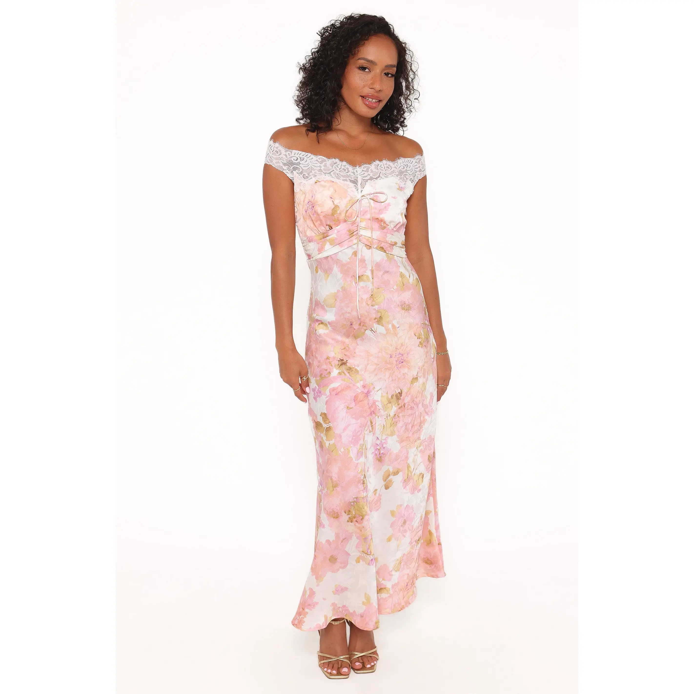 Voss Off Shoulder Lace Maxi Dress - Pink Floral