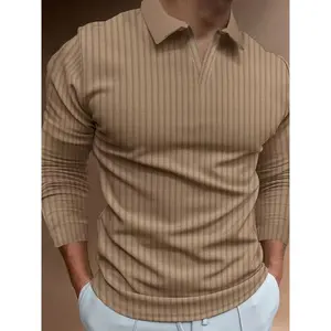 Men's Ribbed Polo Shirt, Classic Collar Design, Vertical Stripes, Long Sleeve Fit, Business Casual & Weekend Wear