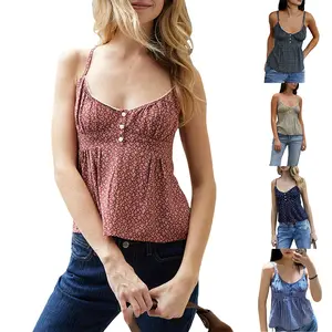 Women's Floral Crop Camisole Fitted Scoop Neck Tie Waist Backless Spaghetti Strap Tops for Summer