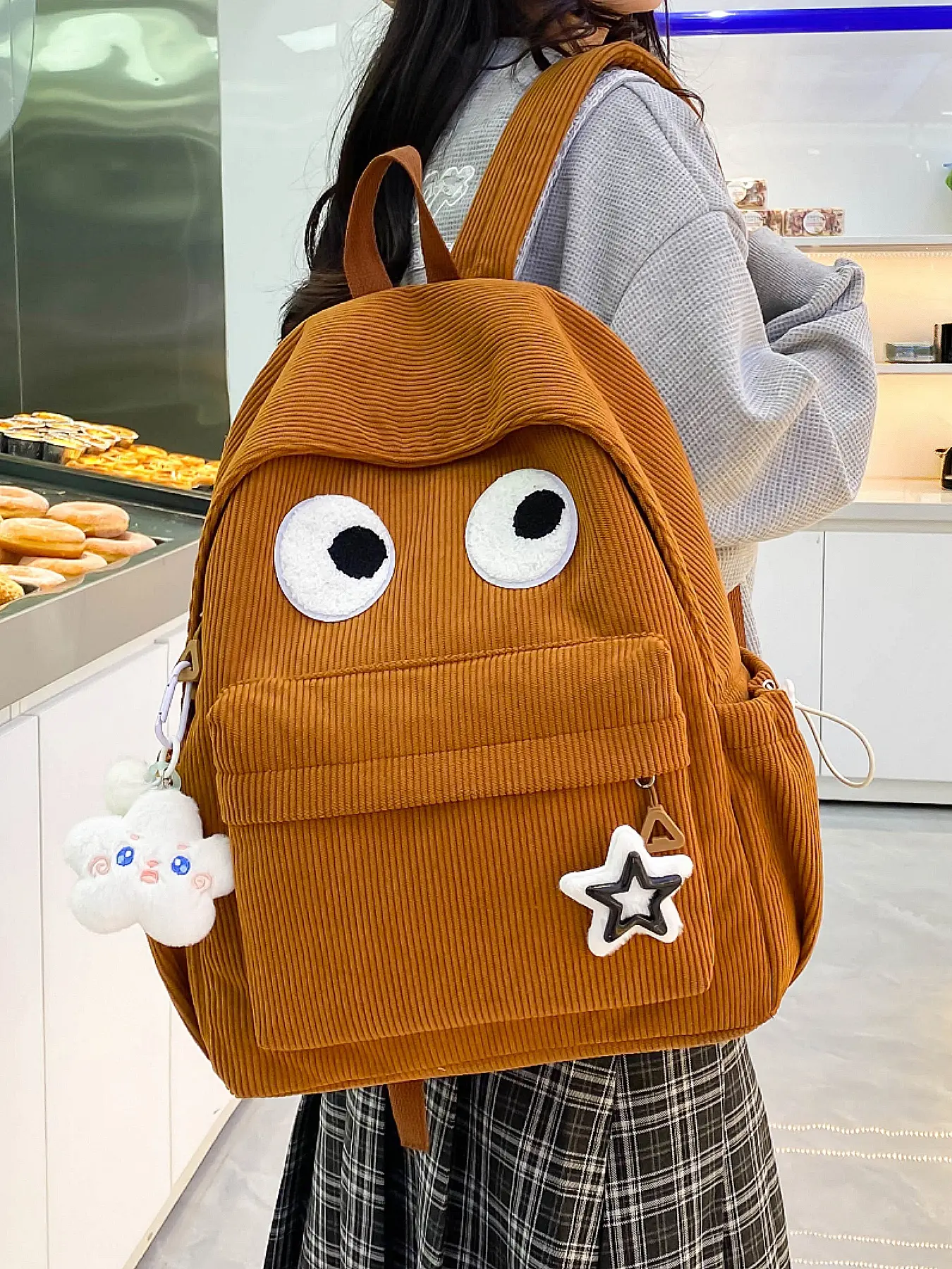 2025 Autumn and Winter New Style Cute Large-Capacity Multi-Pocket Backpack, Cartoon Big Eyes Corduroy Backpack for Girls/Students, Casual Travel Bag with Small Pendant, Minion Backpack, Cute School Backpack