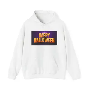 Gildan Happy Halloween Unisex Hooded Sweatshirt Cozy Drawstring Hoodie for Fall Spooky Design Classic Cotton Women's Apparel with Kangaroo Pocket & Adjustable Fit