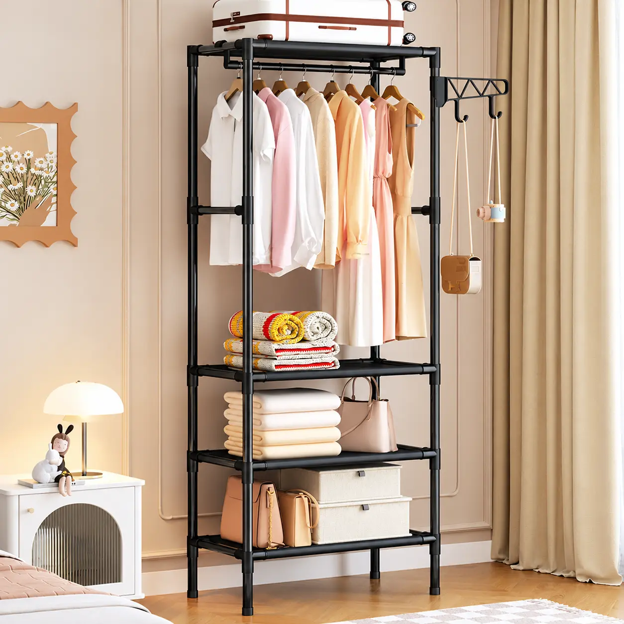 5-Tier Clothes Rack with Storage Shelves, Metal Garment Rack with Hanging Bar and Side Hooks, Space-Saving Freestanding Closet Organizer for Hanging Clothes, Storing Towels, Handbags, Shoes and Accessories in Bedroom or Laundry Room