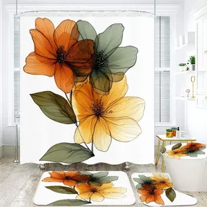 1/4pcs Elegant Floral Bathroom Decor Set with Watercolor Flowers in Warm Burnt Orange, Golden Yellow & Muted Sage Green - Charming Shower Curtain & Coordinating Bath Mats for a Tranquil Spring Oasis in Your Bathroom