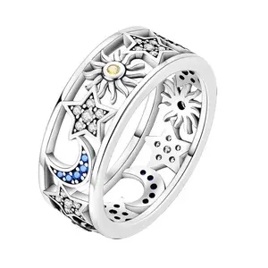 Sun&Star&Moon Ring, Carved Eternity Ring with Cubic Zirconia Design, Perfect Gift for Women