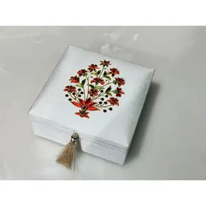 6" x 6" White Silk Keepsake Box with Red Zardozi Embroidery and Gemstones