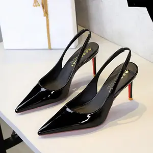 Women's Pointed Toe Slingback Heels, Glossy Patent PU Stiletto Pumps, Closed Toe Backless Dress Shoes for Office, Wedding, Party, Date Night, Formal Evening, Nude Black Burgundy Khaki