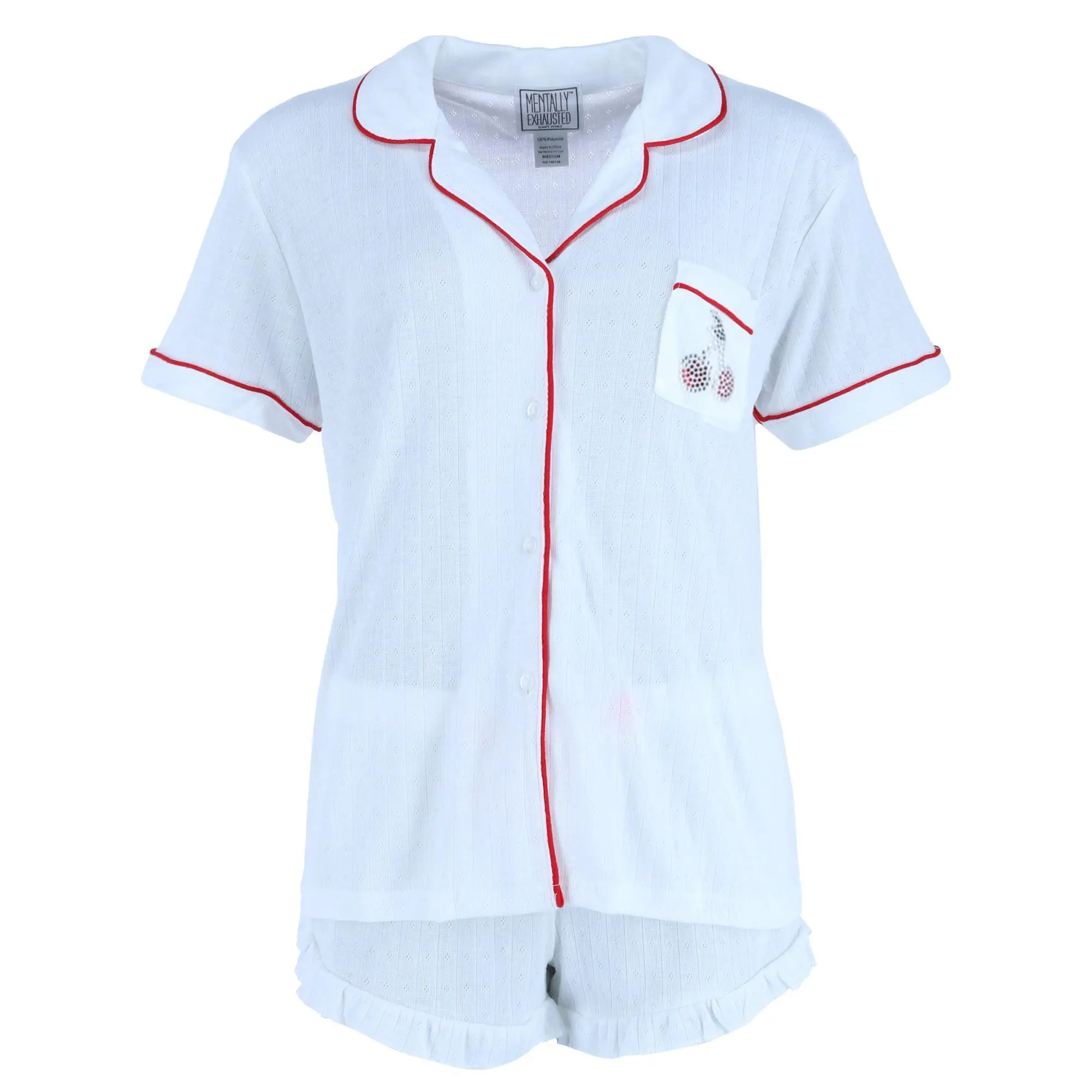 Overslept Women's 2-Piece Pointelle Pajamas Set, Solid Nightwear with Short-Sleeve Top, Notch Shorts & Rhinestone Cherry