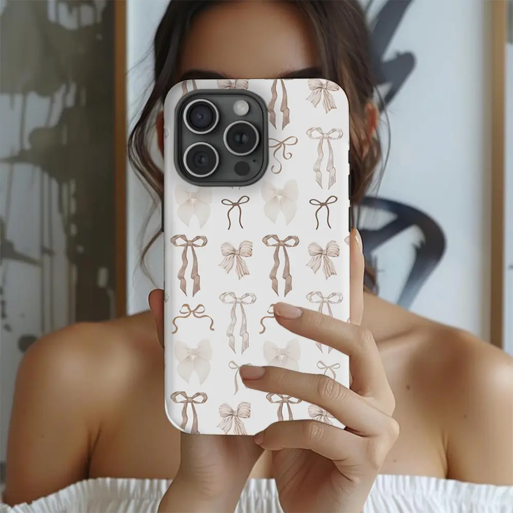 Soft Beige Bow matte Phone Case, Soft Girl Aesthetic 2 in 1 Phone Case, with Durable, Shock Absorbent, Fashionable Design.Compatible with Iphone 17 16 Pro Max and Pro Plus Series A creatively designed new phone case, perfect as a gift for y