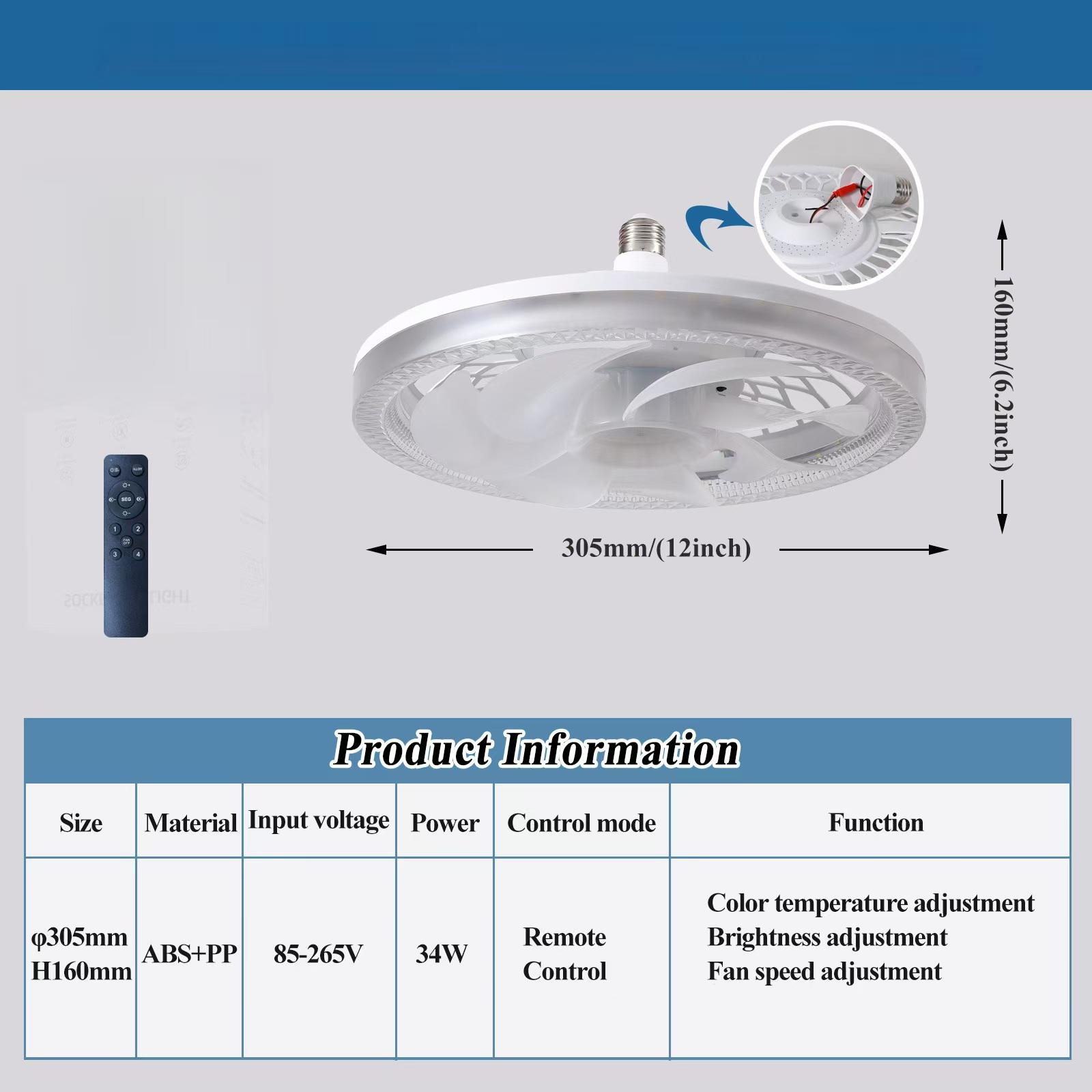 All-in-One E27 Ceiling Fan Dimmable Light Variable Speed Multi-Scene Compatibility Modern Design Energy Efficient