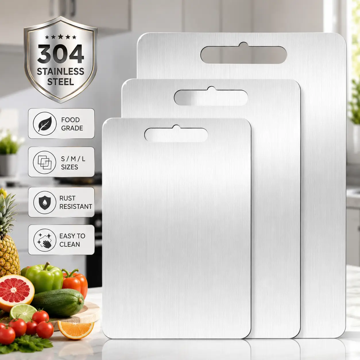 3PCS 304 Stainless Steel Cutting Board Set (S/M/L) – Food Grade Metal Chopping Boards for Kitchen, Ultrathin Durable Rust-Resistant Boards for Meat, Vegetables & Fruit, Easy to Clean Kitchenware