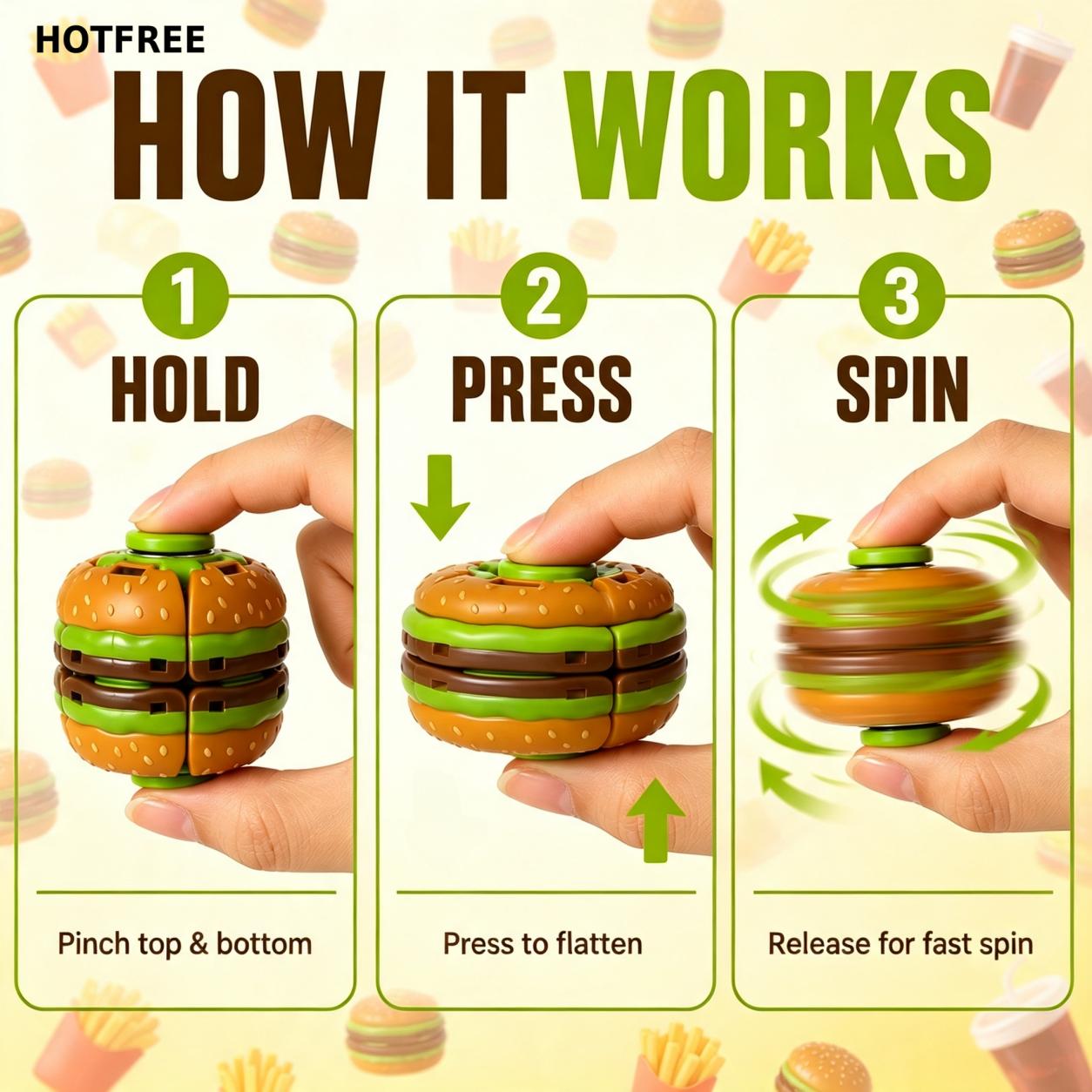 Hotfree Hamburger Transformable Fidget Ball Toy with Press & Spin Function, Handheld Sensory Fidget Gyro Toy, Pocket Stress Relief Tool, Anxiety Calming Fidget Spinner, Focus Aid for ADHD, Desk Fidget Gadget for Adults & Teens