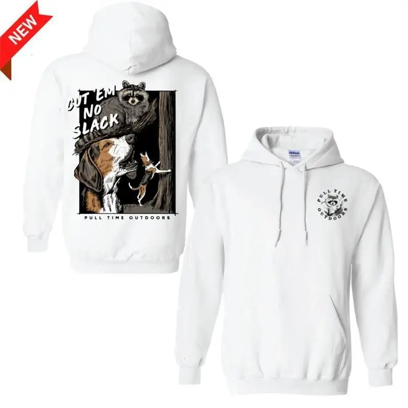 Coon Hunting Dog Hoodie – Cut ’Em No Slack Parody Graphic Pullover, Rugged Outdoor Sportsman Apparel for Men, White Fall and Winter Hunting Gear, Classic Cotton Menswear, Made in USA. LKD