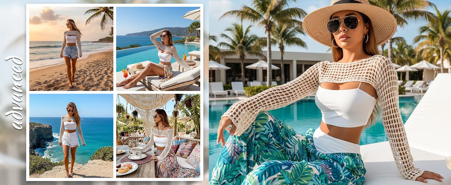 Mincib Womens Crochet Shrug Y2K Hollow Out Bolero Shrug See Through Cropped Knit Sweater Top Sexy Crochet Beach Bikini Cover Up Swimwear Coverups