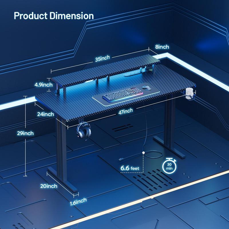 Ecofurnix,LED light game table & power socket, computer gaming desks & monitor stand, ergonomic carbon fiber game table, home office desk with cup holder, headphone hook and mouse pad, simple assembly