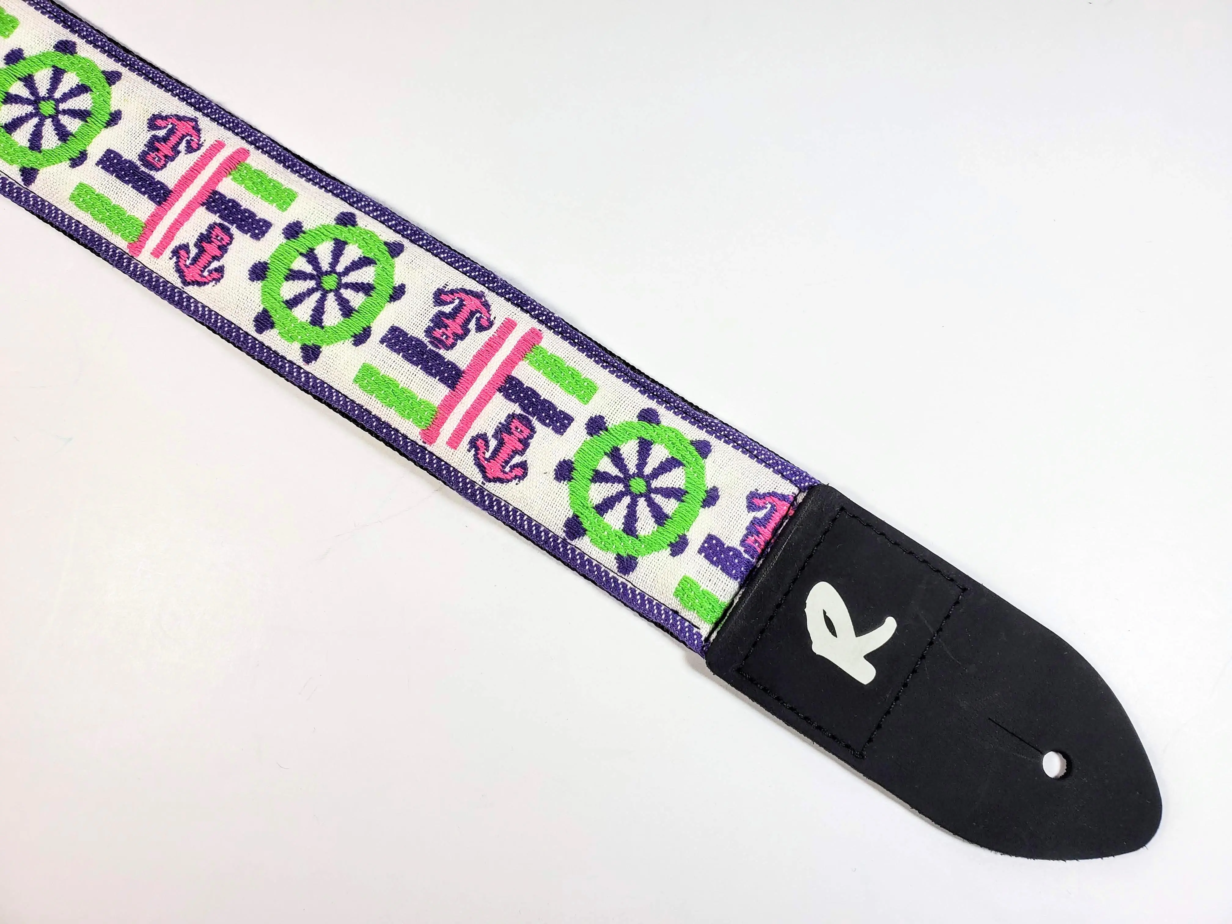 Boat Wheel and Anchor Guitar Strap -Green Purple Nautical Guitar Strap-