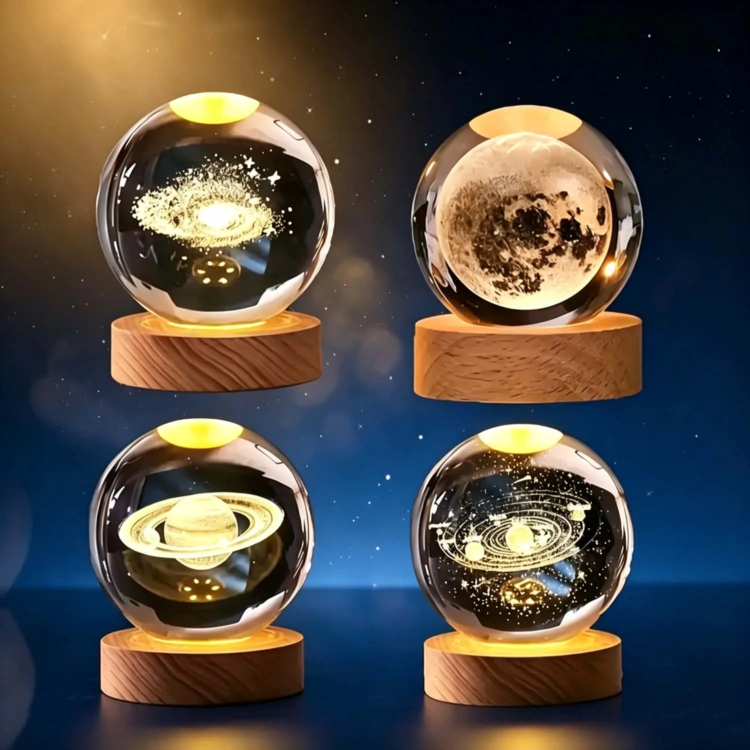 3D Crystal Ball Night Light with Wooden Base, 4 Styles Galaxy Moon Saturn Solar System Laser Engraved Glass Orb, Soft Warm Glow Ambient Globe Desk Lamp, Modern Bedroom Decor, Astronomy Gift for Kids Adults