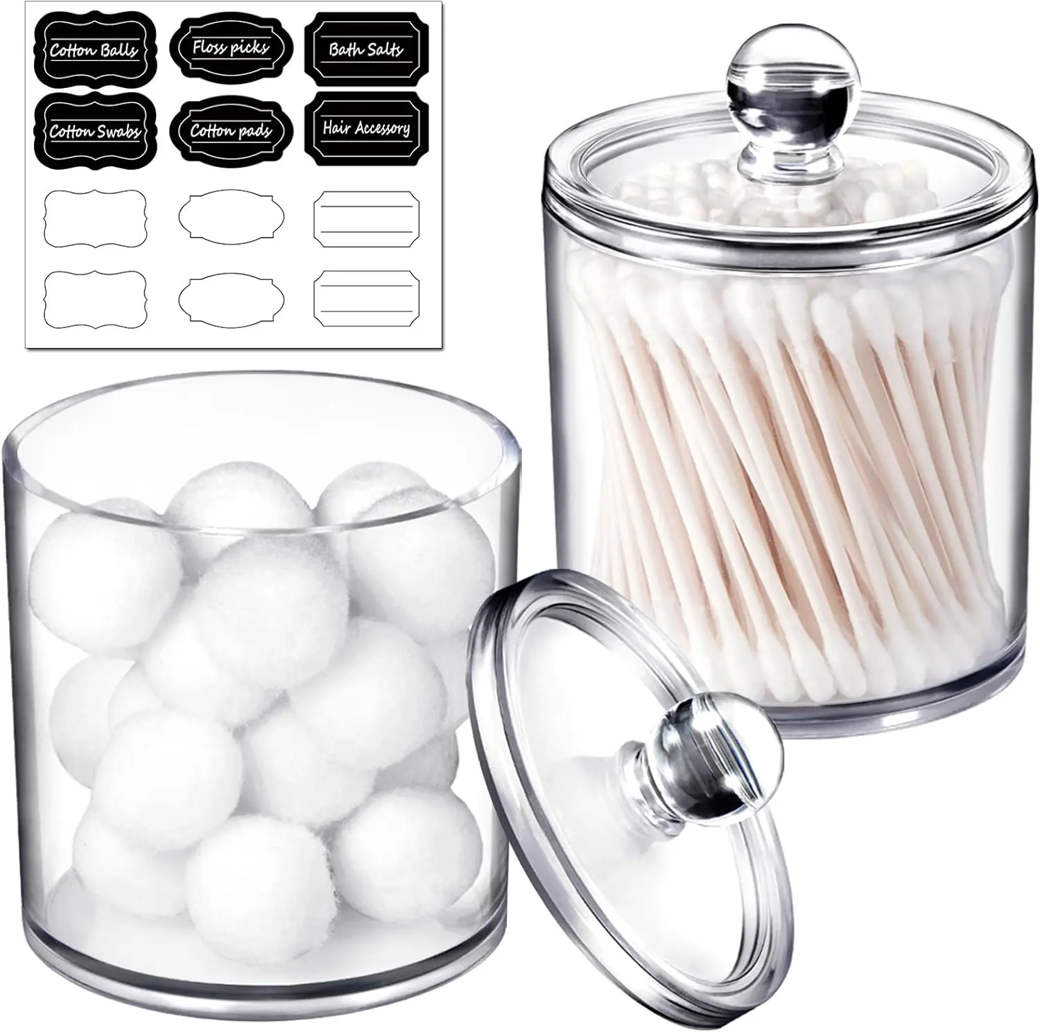 2 Pack Qtip Dispenser Apothecary Jars Bathroom with Labels - Qtip Holder Storage Canister Clear Plastic Acrylic Jar for Cotton Ball, Pads, Swab,Q-tips, Rounds