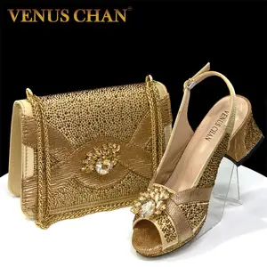 Women’s Gold Peep-Toe Heels & Bag Set 2025 – Venus Chan Italian Diamond Party Pumps