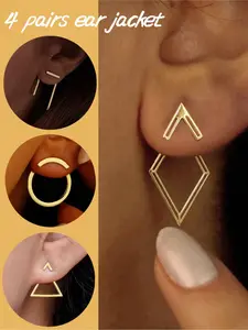 4-Pair Minimalist Vintage Style Geometric Ear Jacket Jewelry Set, Brass Material for All Occasions, Perfect Graduation and Thanksgiving Gift