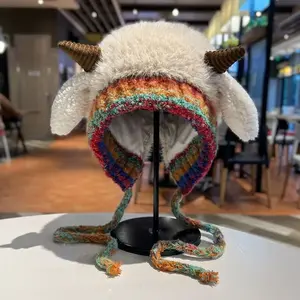 Cute Plush Ram Horn Beanie, Women’s Winter Knit Hat, Squeezable Ear Design with Sound, Warm Yarn Hat, Windproof & Cozy, Adorable Christmas Gift