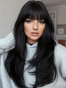 Women & Girls Long Loose Wave Synthetic Wig With Bangs, Straight Base & Bangs, High Density Layered Hair, Suitable for Daily Wear, Parties, Role Play, 26 Inches, Loose Wave Wigs