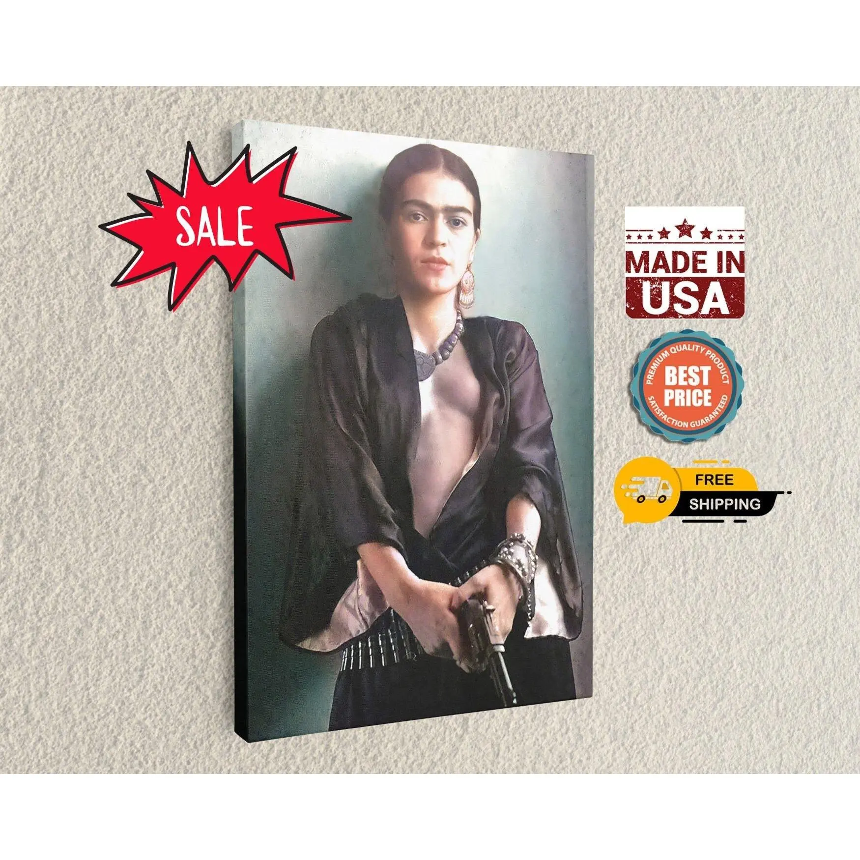 Frida Kahlo with Gun Canvas Art   Mexican Fine Art Photography   Feminist Canvas Poster   Boho Wall Decor   Unique Home and Office Art