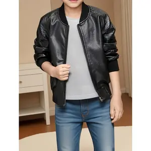 Boys' New Spring/Autumn PU Leather Jacket - Stylish Black Bomber with Zipper Closure & Contrast Collar