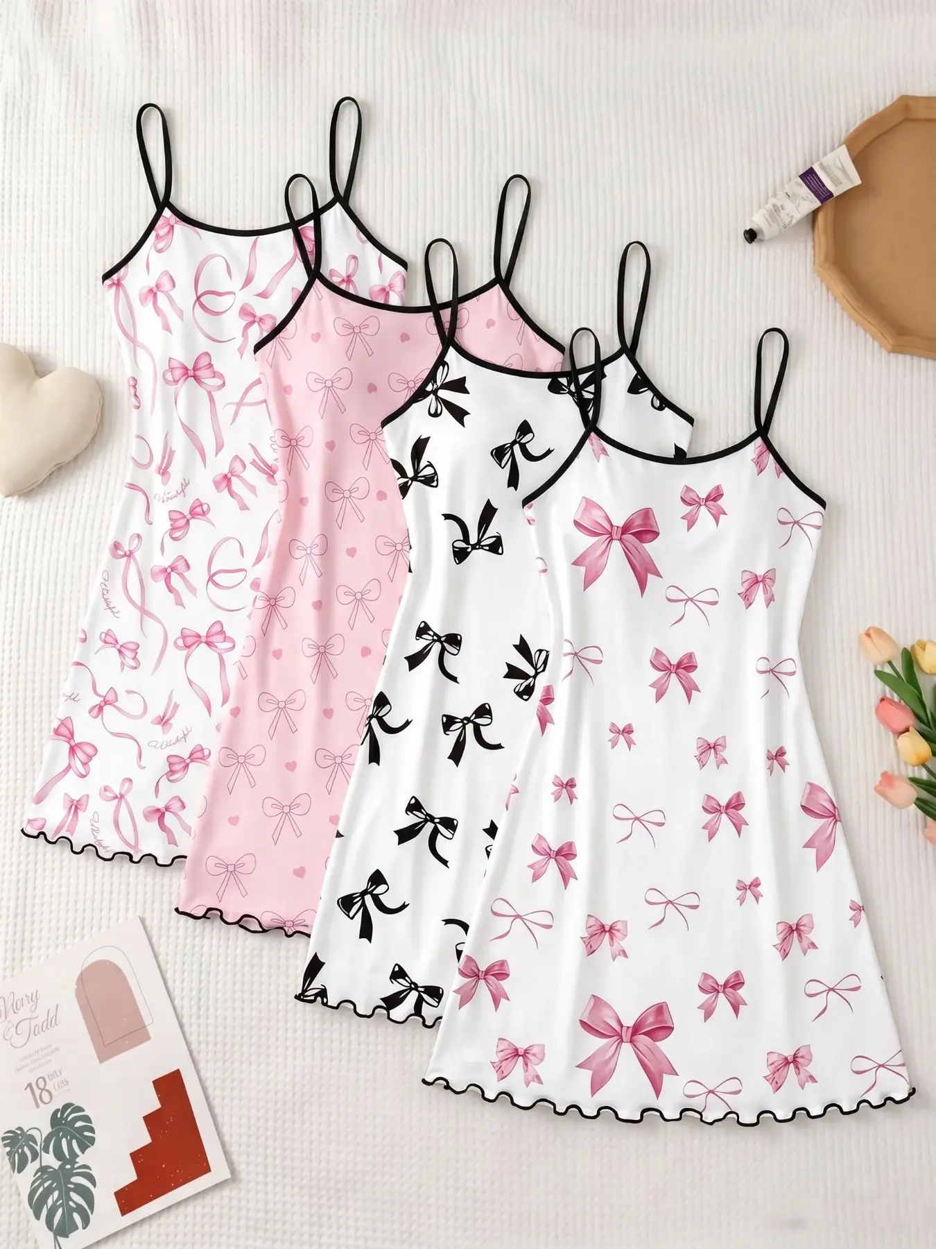 4-Pack Women's Strapless Nightdresses, Cartoon Bear All-Over Print Pajamas, Sweet Home Wear for Spring Summer, Essential Cozy Sleepwear, Cute Loungewear