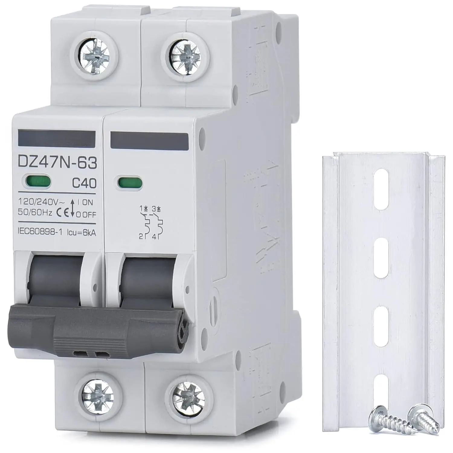 AC Miniature Circuit Breaker, 40 Amp 120V/240V 2 Pole DIN Rail Mount Circuit Breaker, Thermal Magnetic Trip, Solar AC Disconnect Switch MCB C40