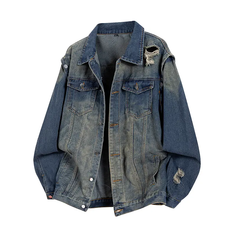 Men's Long-Sleeve Buttoned Flap Pocket Regular Fit Vintage Denim Jacket for Spring & Autumn Casual Outings & Outdoor Activities