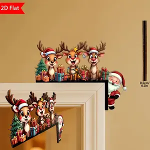 Vintage Christmas Door Frame Decoration, Santa and Reindeer Wooden Ornament with Gift, No Power Needed, Artificial Wood Holiday Decor