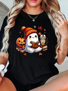 Cute Ghost Reading Book Lovers Halloween Ghost Coffee Women T-Shirt 100% Cotton, Breathable & Comfort Fit T Shirt, Short Sleeve Crew Neck Top For All Seasons