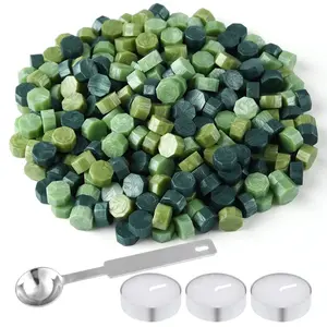 300 Pcs Octagon Sealing Wax Beads with 3 Pcs Tea Candles and 1 Pcs Wax Melting Spoon for Wax Stamp Sealing (Green Mix)