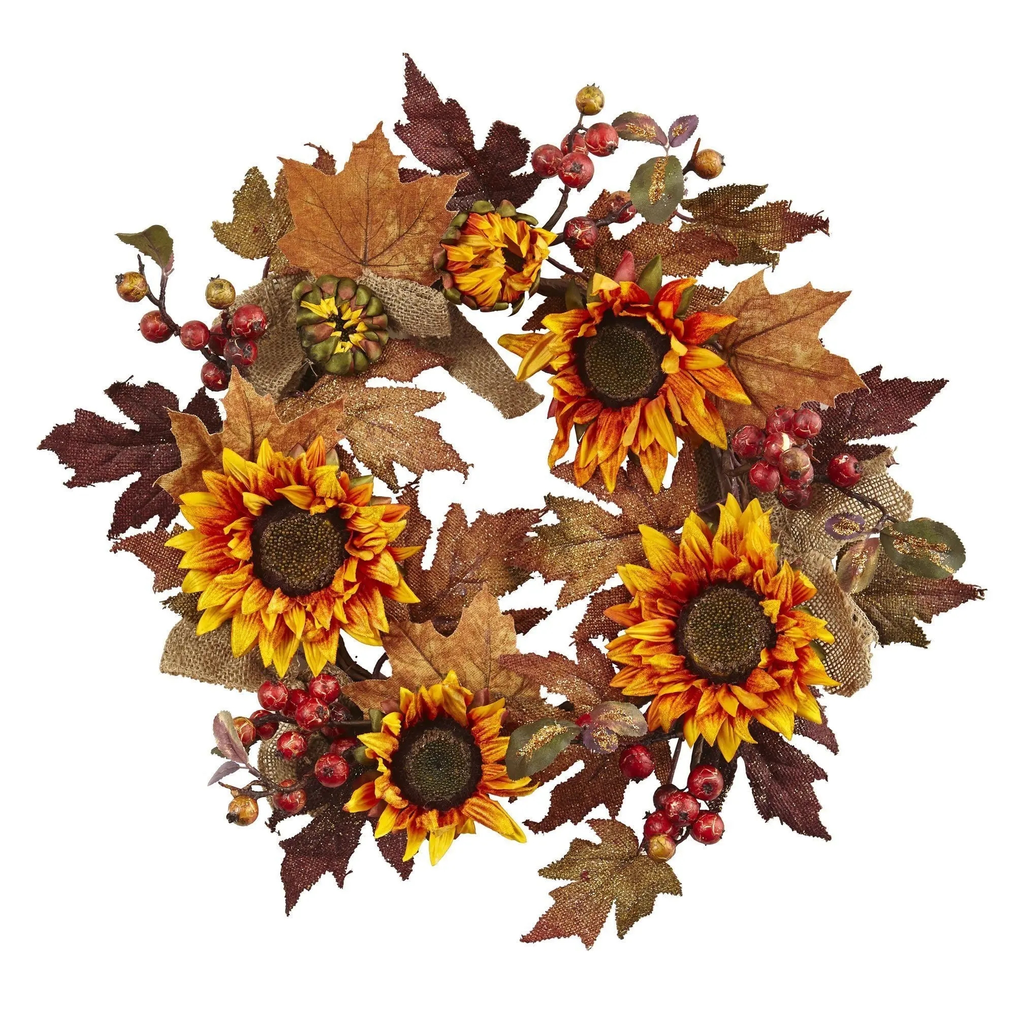 24-Inch Long-Lasting Rustic Synthetic Mixed Floral Wreath - Sunflower, Berry & Leaf Design, Autumn Vibes Fall Decor, Front Door Accent, Ideal Gift for Garlands Displays